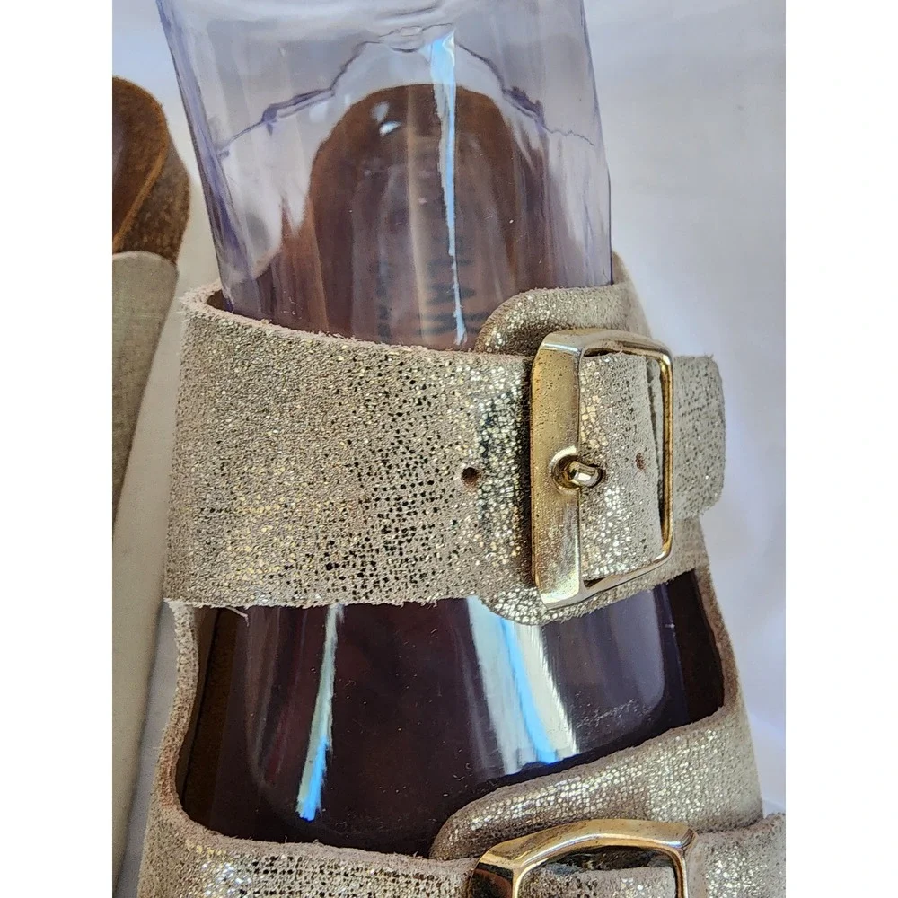 Plakton Bios Gold Metallic Glitter Platform Sandals Spain Buckle‎ Slides  38/7.5